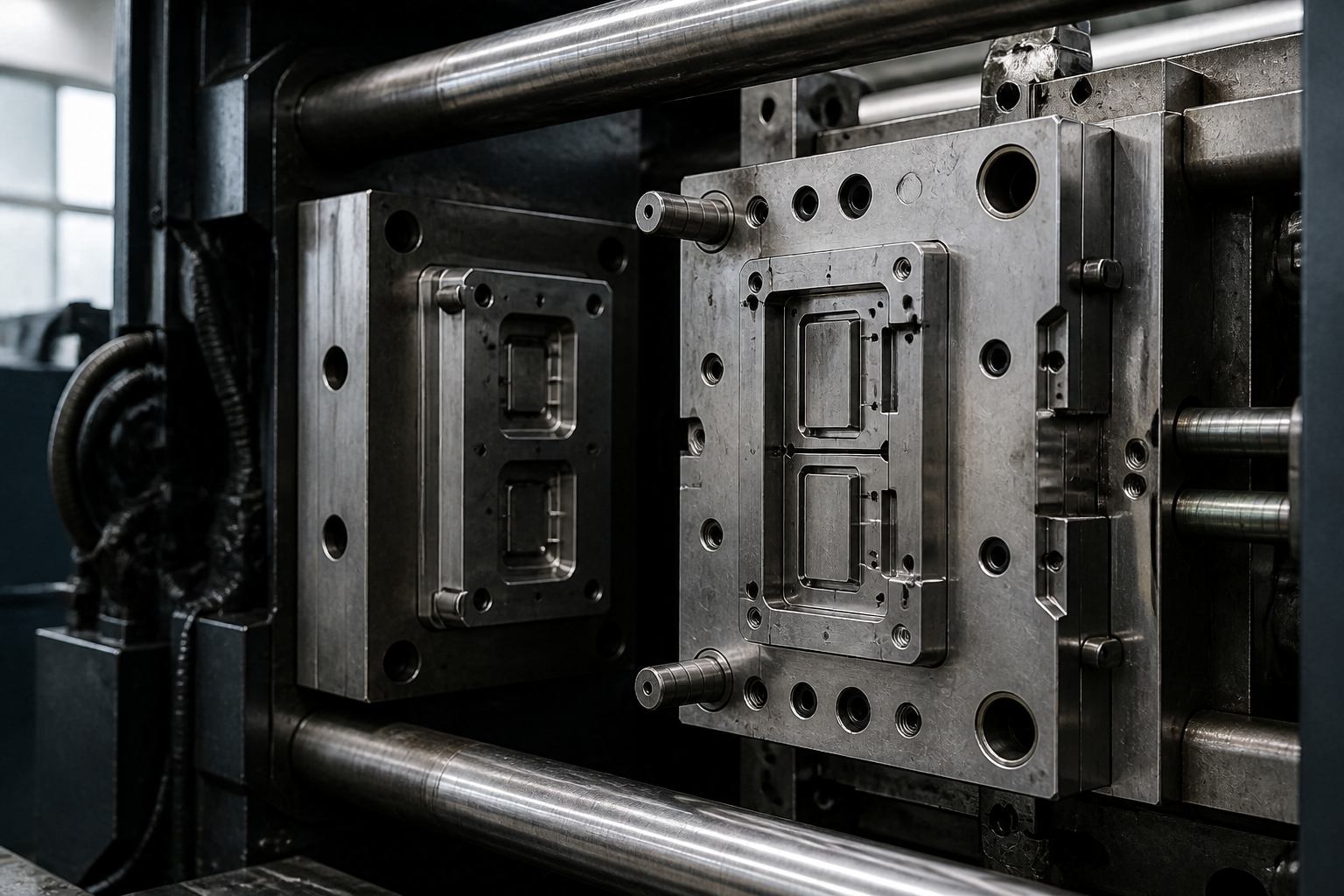 Open steel injection mold mounted inside a molding machine