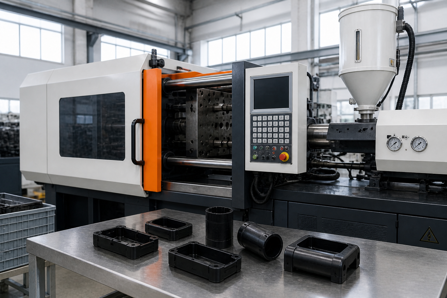 General-purpose injection molding machine with molded plastic components